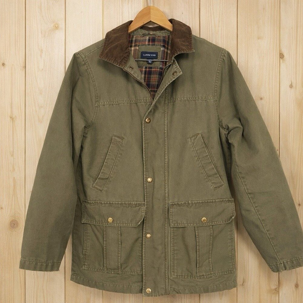 Lands' End Olive Green Jacket with Brown Collar